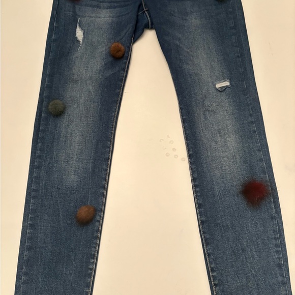 CHARLIE B Distressed Blue Jeans with Pom Pom Accents - Picture 5 of 7